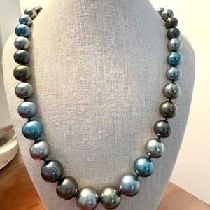 Large Pearl Necklace with 14k clasp in shades of teal, copper, silver, grey !